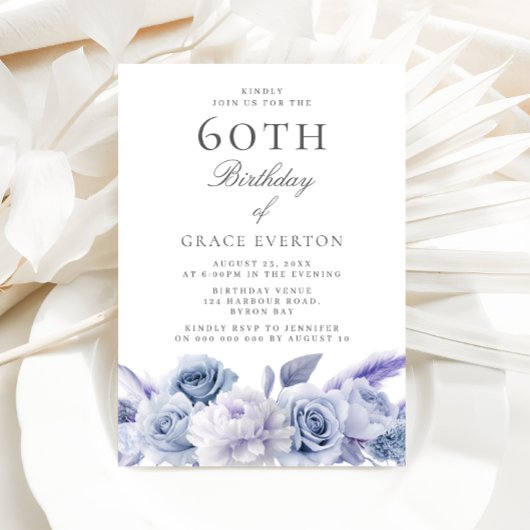 Invitation Dusty Blue Floral 60e fête d'anniversaire