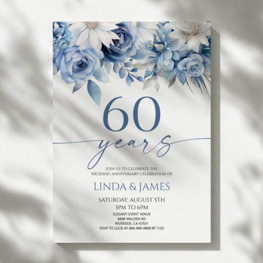 Invitation Dusty Blue Floral 60th Wedding Anniversary