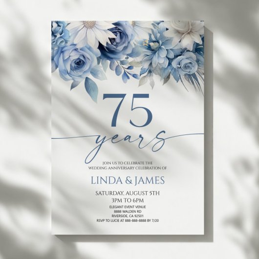 Invitation Dusty Blue Floral 75th Wedding Anniversary