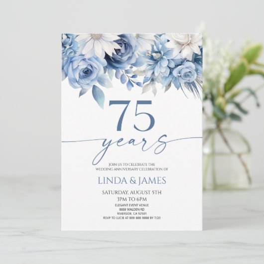 Invitation Dusty Blue Floral 75th Wedding Anniversary (Debout devant)