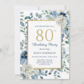Invitation Dusty Blue Floral 80e anniversaire (Devant)