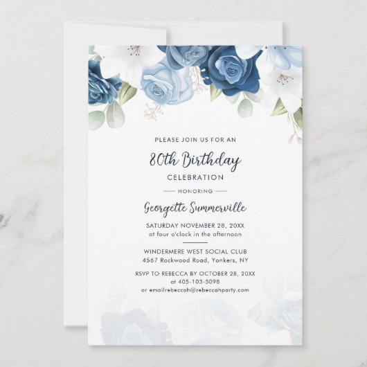 Invitation Dusty Blue Floral 80e fête d'anniversaire (Devant)