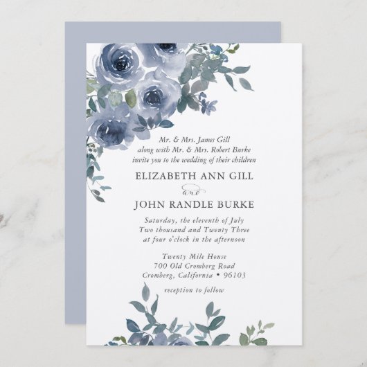 Invitation Dusty Blue Floral and Grey Formal Wedding Invite (Devant / Derrière)