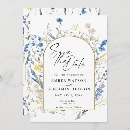 Invitation Dusty Blue Floral Arch Mariage Enregistrer La Date (Devant / Derrière)