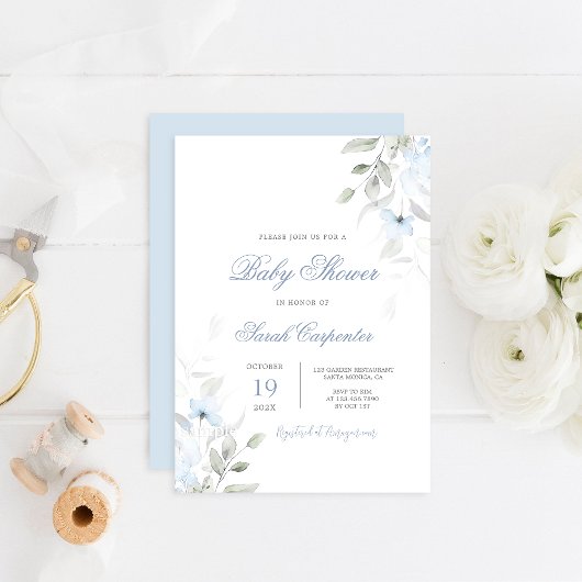 Invitation Dusty Blue Floral Baby shower garçon