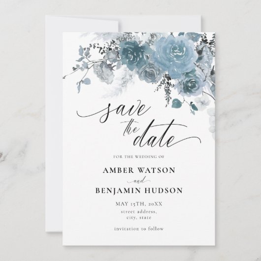 Invitation Dusty Blue Floral Bohemian Wedding Enregistrer La  (Devant)