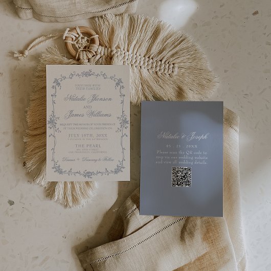 Invitation Dusty Blue Floral Boho Botanical QR Code Wedding