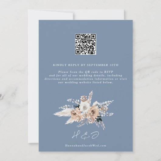 Invitation Dusty Blue Floral Boho Mariage QR Code RSVP (Dos)