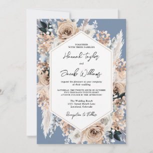 Invitation Dusty Blue Floral Boho Mariage QR Code RSVP
