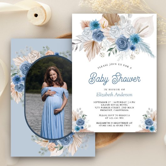 Invitation Dusty Blue Floral Boho Pampas Baby shower photo