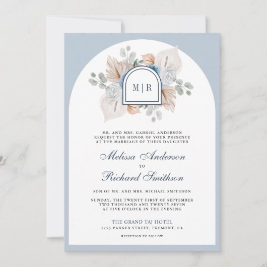 Invitation Dusty Blue Floral Boho Pampas QR Code Mariage (Devant)