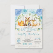 Invitation Dusty Blue Floral Bois Animaux Baby shower garçon (Devant)