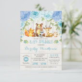 Invitation Dusty Blue Floral Bois Animaux Baby shower garçon (Debout devant)
