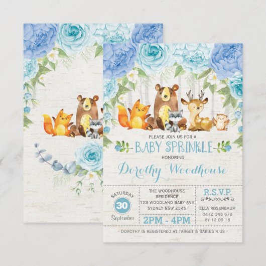 Invitation Dusty Blue Floral Bois Animaux Baby shower garçon (Devant / Derrière)