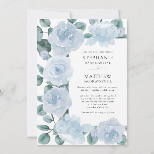 Invitation Dusty Blue Floral Botanique Rose Mariage (Devant)