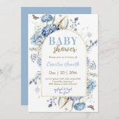 Invitation Dusty Blue Floral Boy Baby shower (Devant / Derrière)