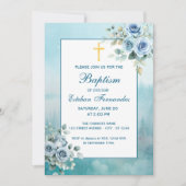 Invitation Dusty Blue Floral Boy Baptism Religious (Devant)