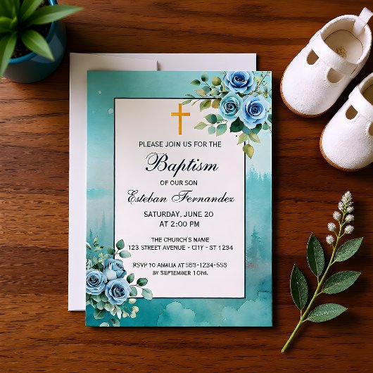 Invitation Dusty Blue Floral Boy Baptism Religious