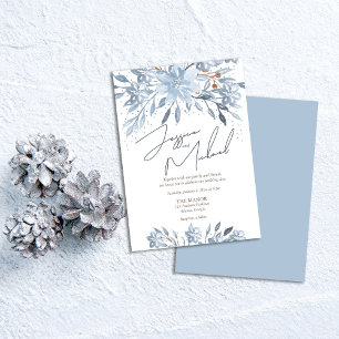 Invitation Dusty Blue Floral Chic Script hiver thème Mariage