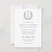Invitation Dusty Blue Floral Crest Monogramme Mariage QR Code (Devant)