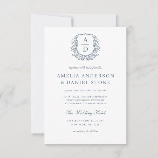 Invitation Dusty Blue Floral Crest Monogramme Mariage QR Code (Devant)