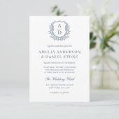 Invitation Dusty Blue Floral Crest Monogramme Mariage QR Code (Debout devant)