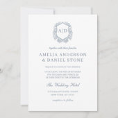 Invitation Dusty Blue Floral Crest Monogramme Mariage QR Code (Devant)