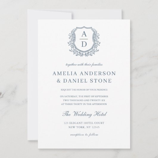 Invitation Dusty Blue Floral Crest Monogramme Mariage QR Code (Devant)