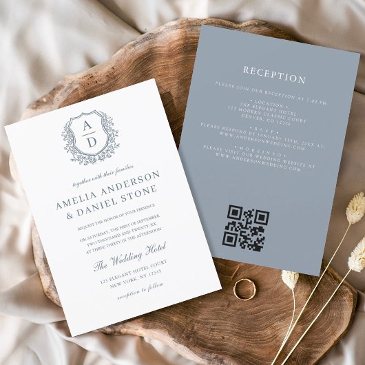 Invitation Dusty Blue Floral Crest Monogramme Mariage QR Code
