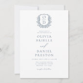 Invitation Dusty Blue Floral Crest Monogramme Mariage QR Code (Devant)