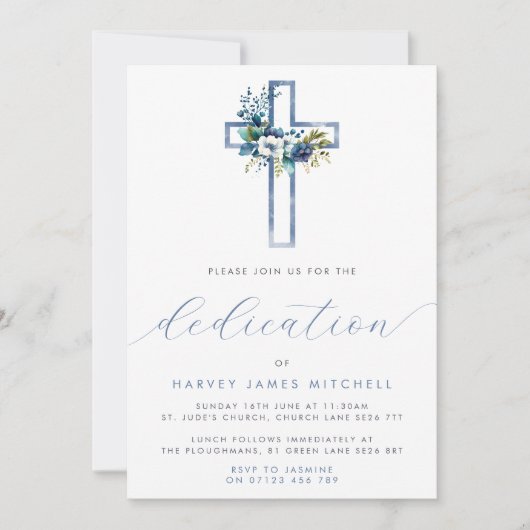Invitation Dusty Blue Floral Cross Dédication bébé (Devant)