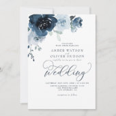 Invitation Dusty Blue Floral Dark Navy Pastel Boho Mariage (Devant)