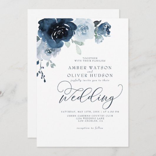 Invitation Dusty Blue Floral Dark Navy Pastel Boho Mariage (Devant / Derrière)
