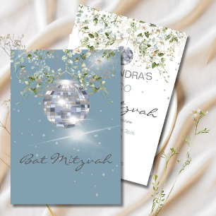 Invitation Dusty Blue Floral Disco Ball Bat mitzvah