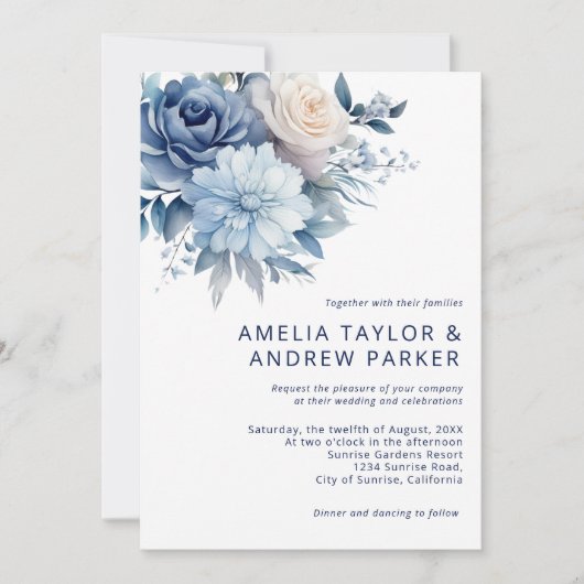 Invitation Dusty Blue Floral Dusty Rose Blush Pink Mariage (Devant)