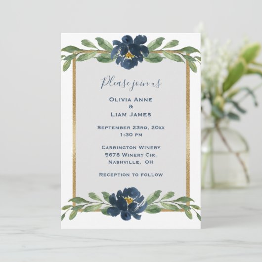 Invitation Dusty Blue Floral Élégant Mariage Floral Or (Debout devant)