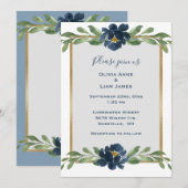 Invitation Dusty Blue Floral Élégant Mariage Floral Or (Devant / Derrière)