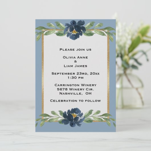 Invitation Dusty Blue Floral Élégant Mariage Floral Or (Debout devant)