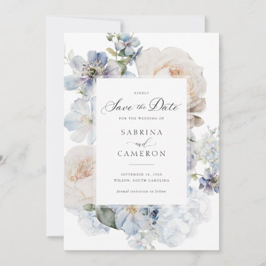 Invitation Dusty Blue Floral Élégant Mariage Rose (Devant)