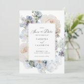 Invitation Dusty Blue Floral Élégant Mariage Rose (Debout devant)