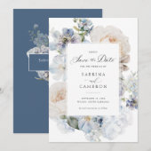 Invitation Dusty Blue Floral Élégant Mariage Rose (Devant / Derrière)