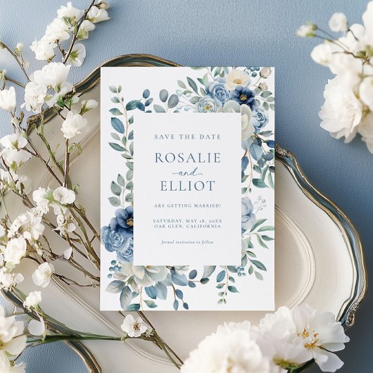 Invitation Dusty Blue Floral Enregistrer La Date Boho Enregis