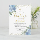 Invitation Dusty Blue Floral Espagnol garçon Bautizo (Debout devant)