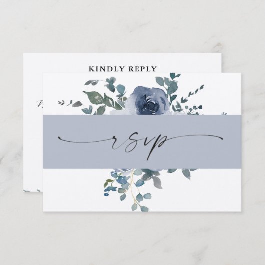 Invitation Dusty Blue Floral et Black Wedding RSVP (Devant / Derrière)