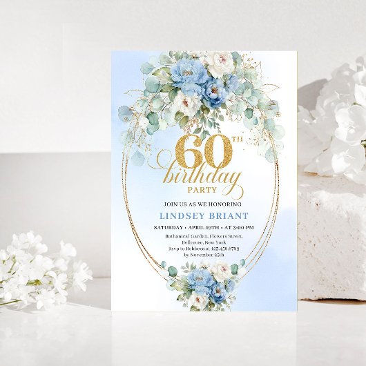 Invitation Dusty Blue Floral Eucalyptus 60th Birthday Invites