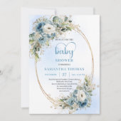 Invitation Dusty Blue Floral Eucalyptus Gold Script Baby Show (Devant)