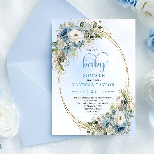Invitation Dusty Blue Floral Eucalyptus Gold Script Baby Show