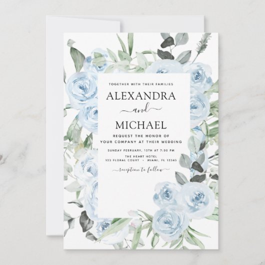 Invitation Dusty Blue Floral Eucalyptus Mariage de verdure (Devant)