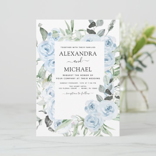 Invitation Dusty Blue Floral Eucalyptus Mariage de verdure (Debout devant)
