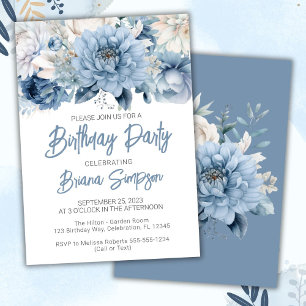 Invitation Dusty Blue Floral fête d'anniversaire